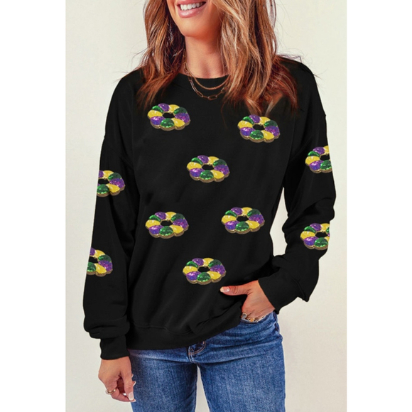 Mardi Gras Black Sweatshirt with Sequin King Cakes - Picture 2 of 5